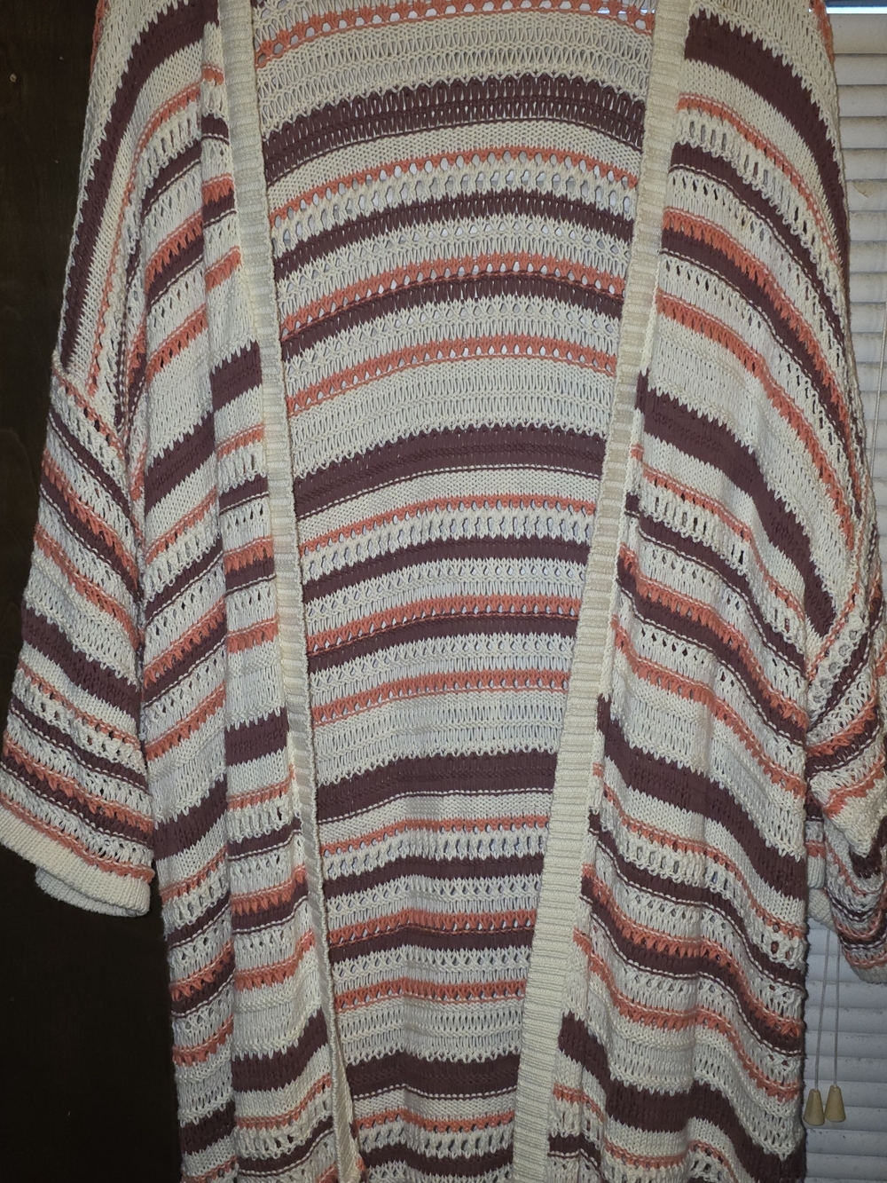 Torrid Stripe Open-Front Duster Cardigan Cream, Burgundy & Coral SIZE 5